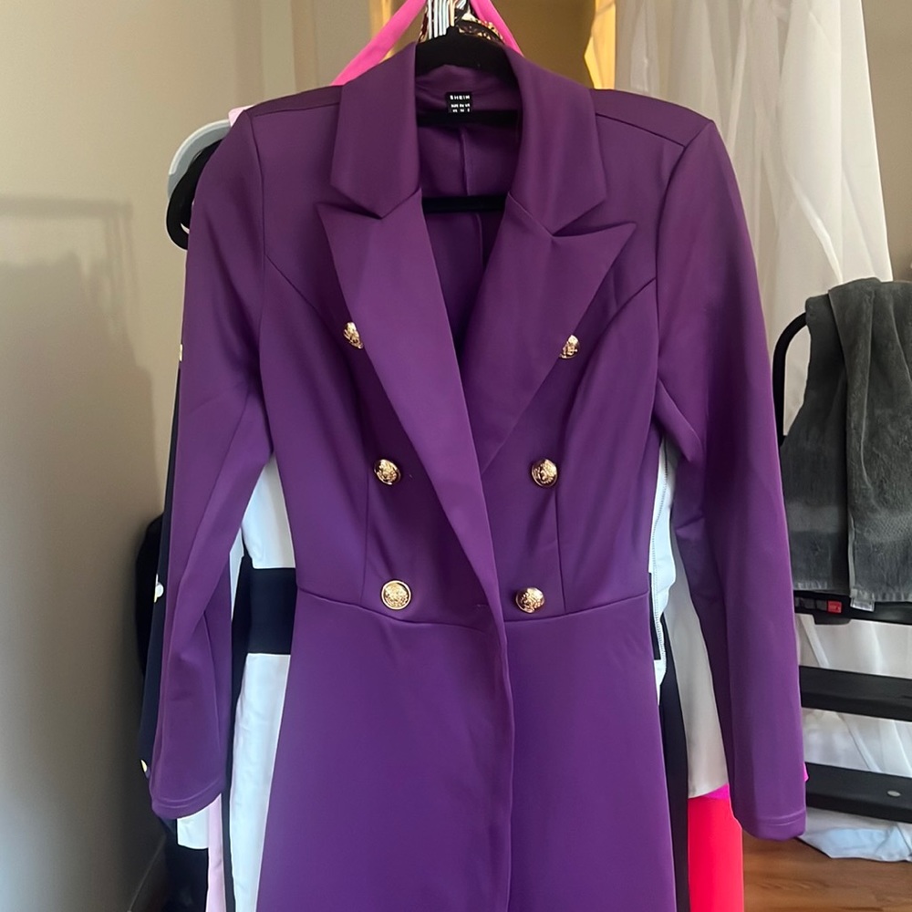 Never town purple blazer dress with double breasted gold buttons.